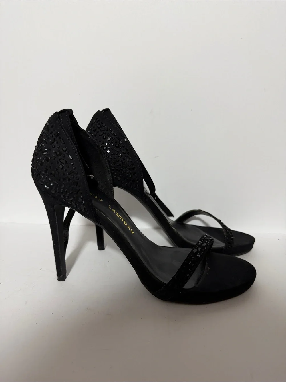 Chinese Laundry Black Suede Crystal-Embellished Ankle-Strap Heels